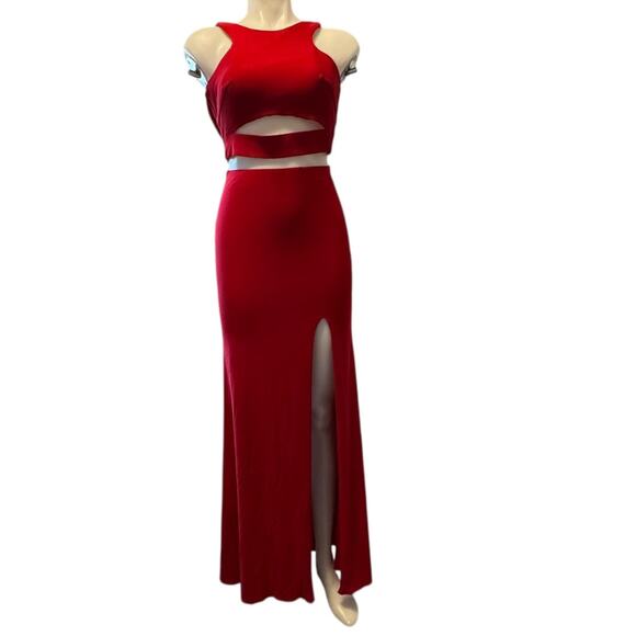 La Femme Red Jersey Cutout Racerback Slit Maxi Dress Size 2 Gown - Picture 1 of 7
